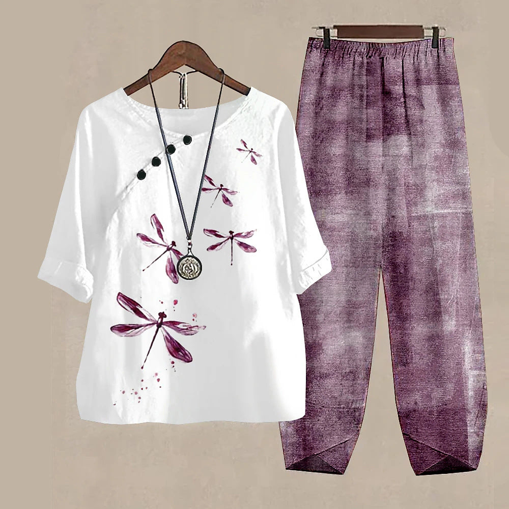 Women's casual set in Japanese style with dragonfly print – two-piece, comfortable for everyday & travel