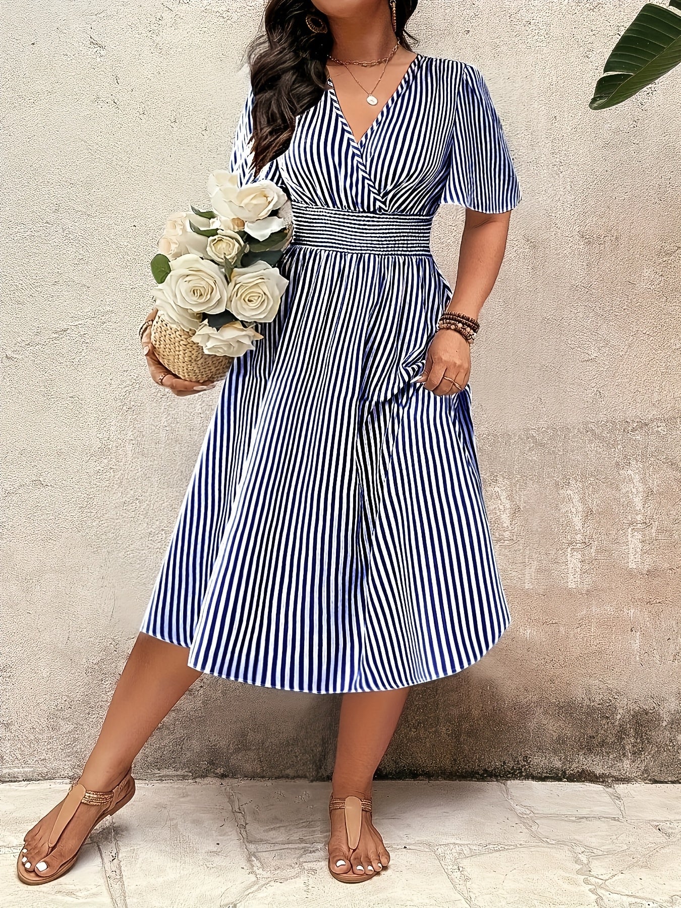 Women's Elegant Striped Midi Dress with V-Neck and Waist Accent for Festive Occasions