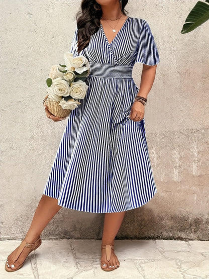 Women's Elegant Striped Midi Dress with V-Neck and Waist Accent for Festive Occasions