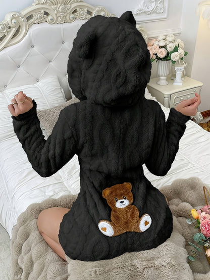 Women's plush hooded onesie pajamas with teddy bear design
