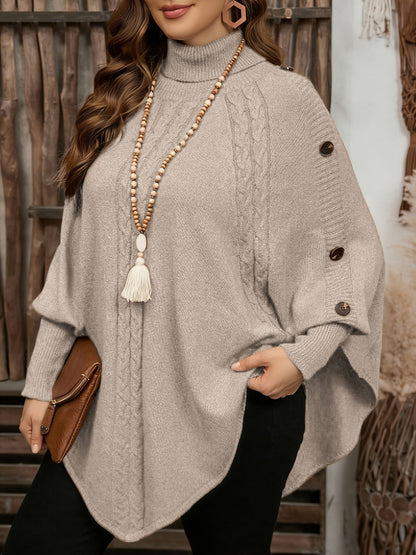 Damen Strick-Poncho mit Rollkragen, Zopfmuster und Knopfdetails
