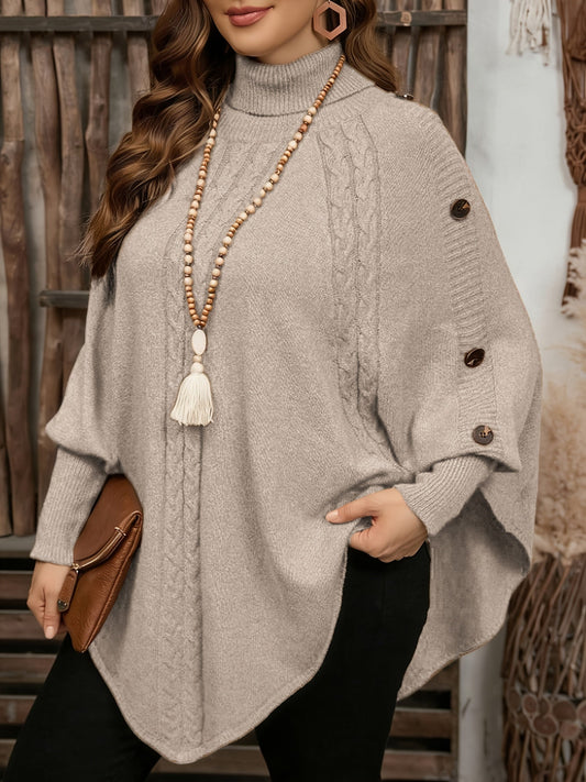 Women's knitted poncho with turtleneck, cable-knit pattern, and button details