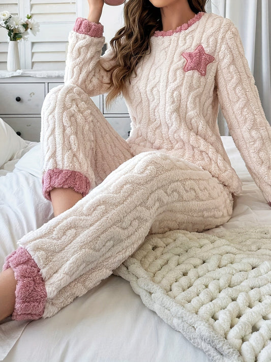 Women's cozy pajama set, beige knit pattern with colorful cuffs