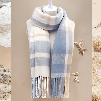 Plaid Scarf with Fringes – Soft & Warm, Pink-Gray-White