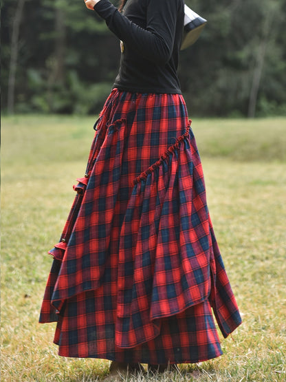 Damen Maxirock Plaid Schottenkaro Asymmetrisch Grün