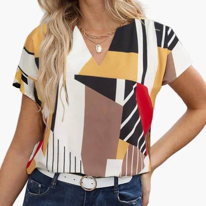 Damen Vintage Bluse mit geometrischem Muster und V-Ausschnitt – Modische Sommerbluse für Alltag und Büro