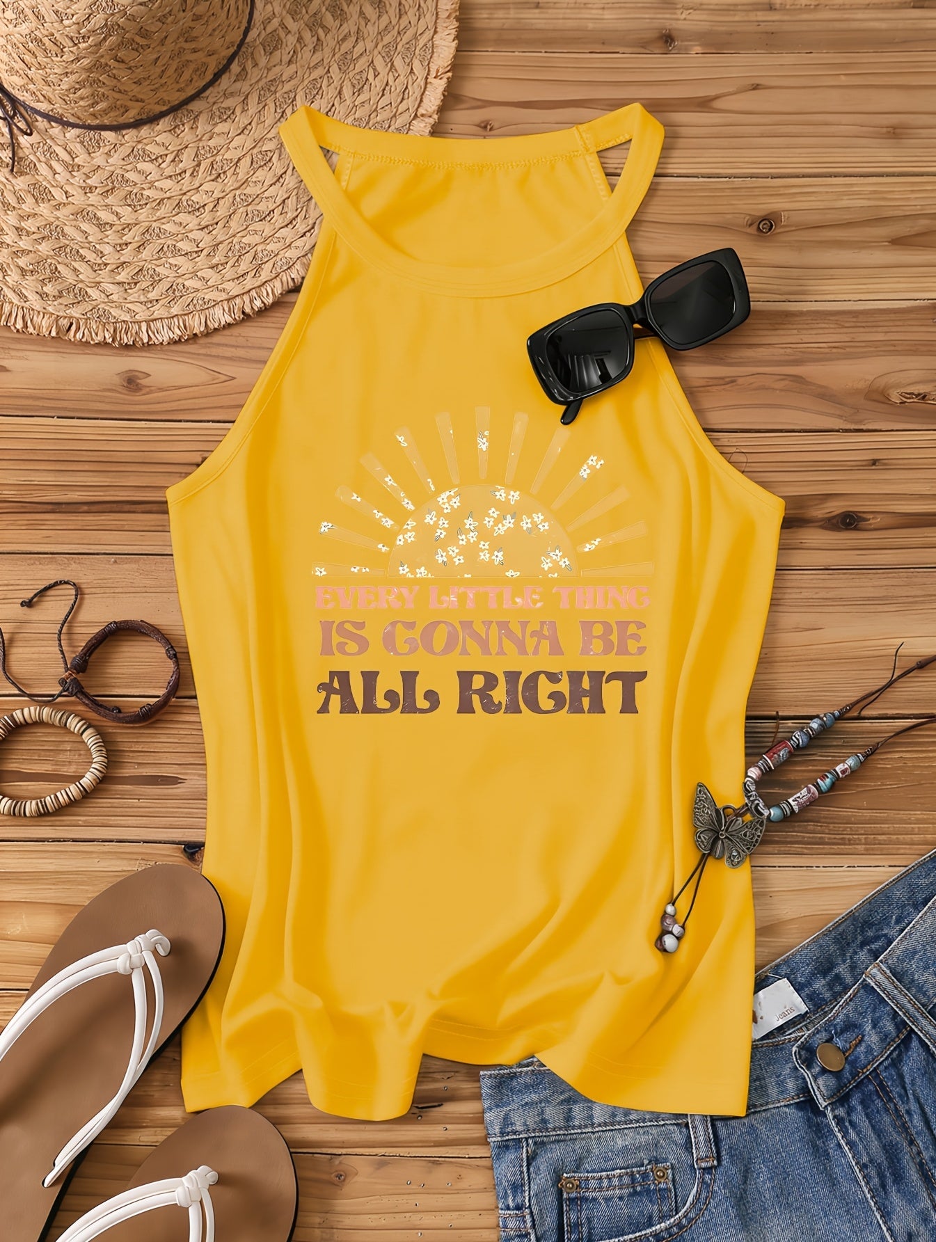 Women's Casual Summer Tank Top – Sun Motif & Quote "Every Little Thing Is Gonna Be All Right" – Casual Shirt
