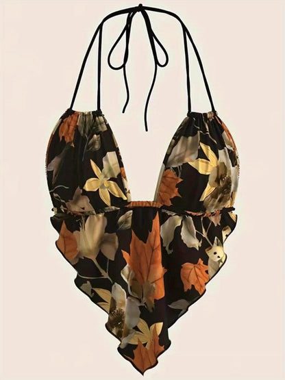 Women's bodysuit with retro print and deep neckline – Elegant one-piece for festival & leisure