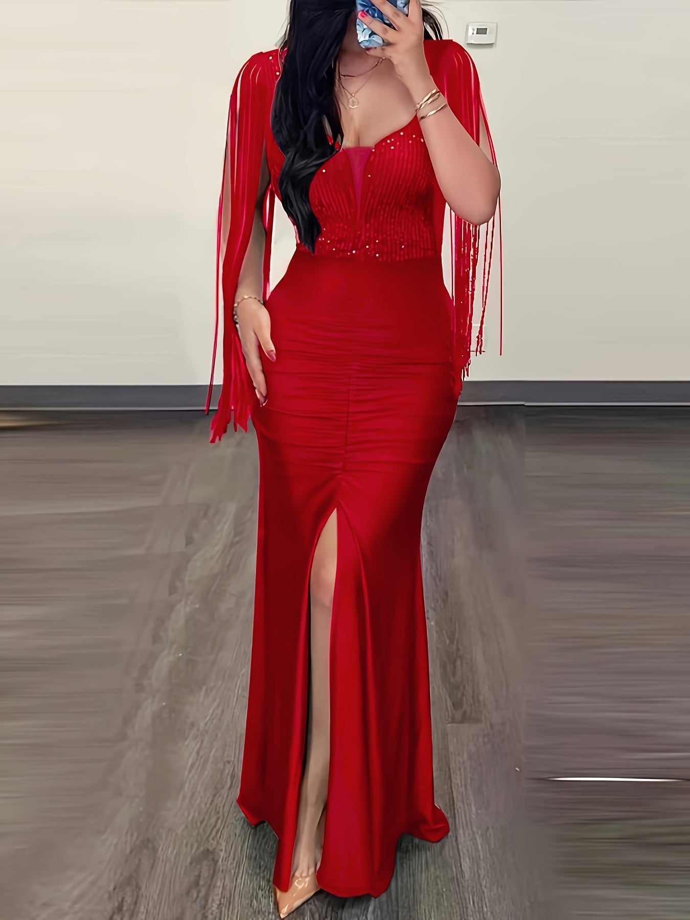 Women's Elegant Evening Dress with Fringe and Slit – Bodycon Maxi Dress for Formal Occasions