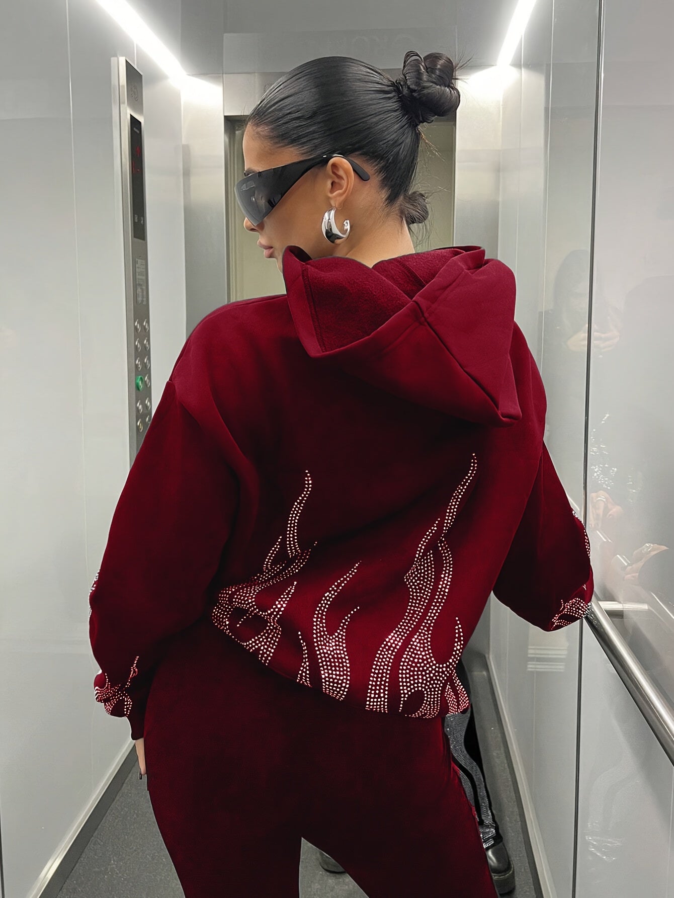 Women's hoodie with rhinestone flame pattern and hood, relaxed fit