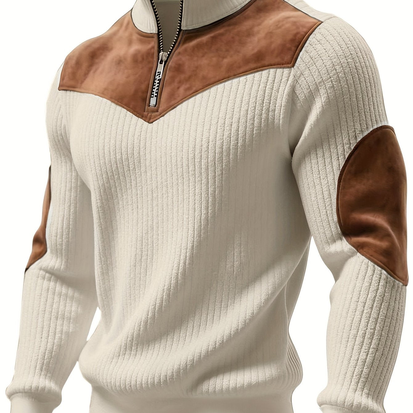 Ribbed men's quarter-zip sweater with suede-look patches