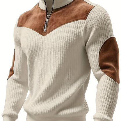 Ribbed men's quarter-zip sweater with suede-look patches