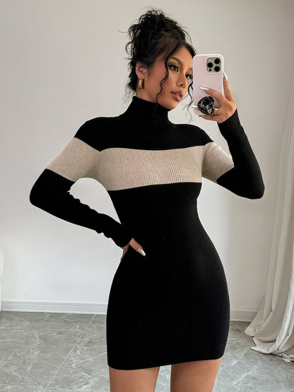 Rollkragen Strickkleid mit Blockstreifen Langarm Figurbetont