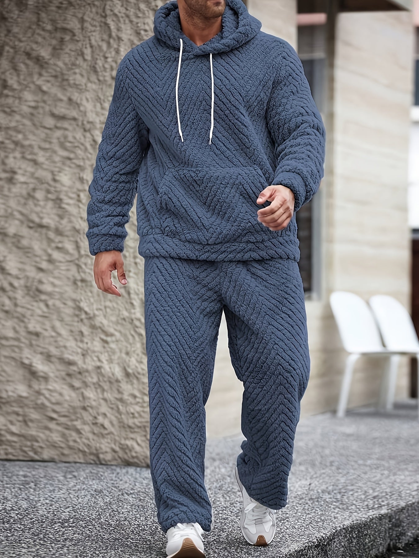 Men's Lounge Set Sherpa Hoodie & Herringbone Pants