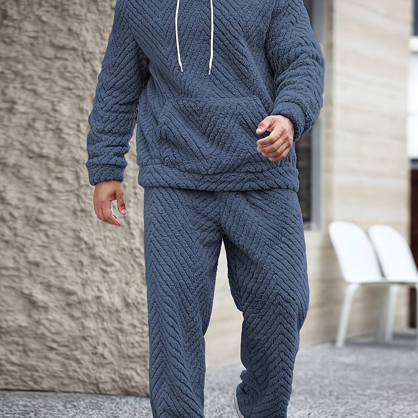 Men's Lounge Set Sherpa Hoodie & Herringbone Pants