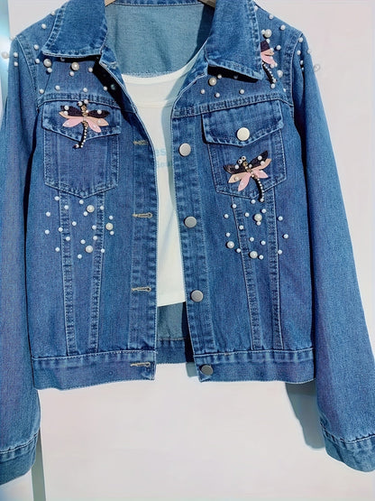 Women's denim jacket with blue pearl embellishments