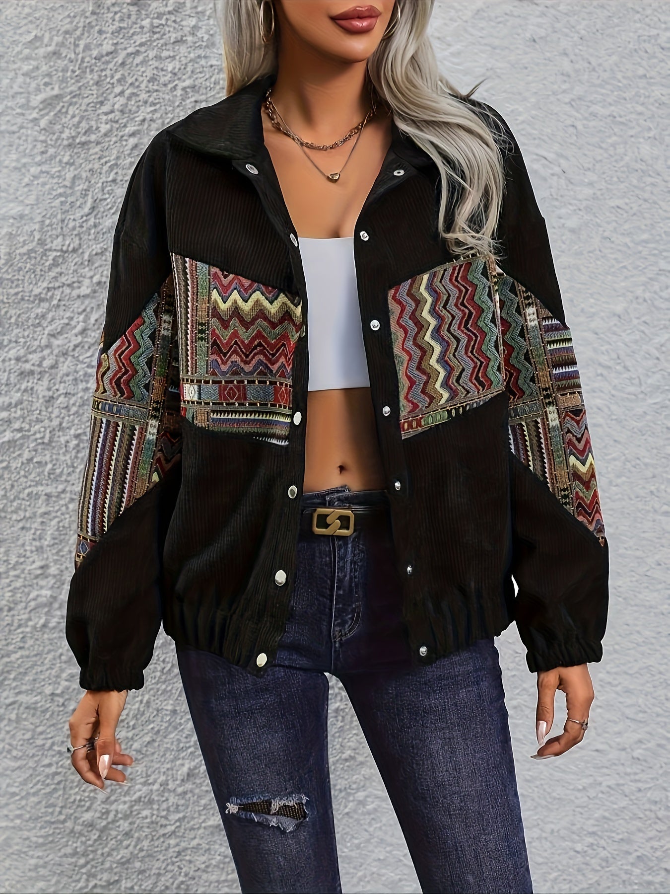 Women's corduroy jacket with ethnic pattern, lapel collar, button placket