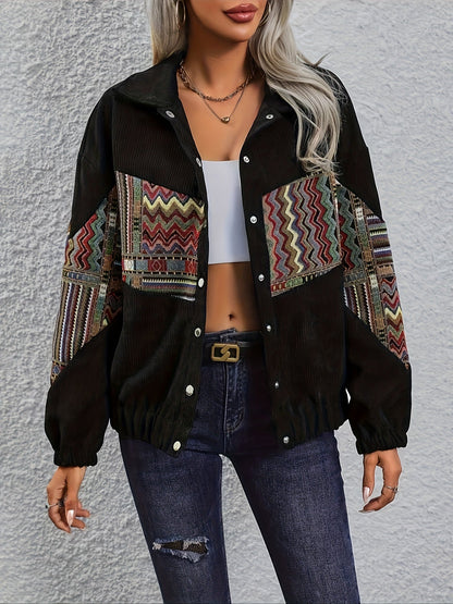 Women's corduroy jacket with ethnic pattern, lapel collar, button placket