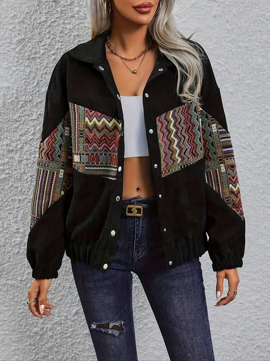 Women's corduroy jacket with ethnic pattern, lapel collar, button placket