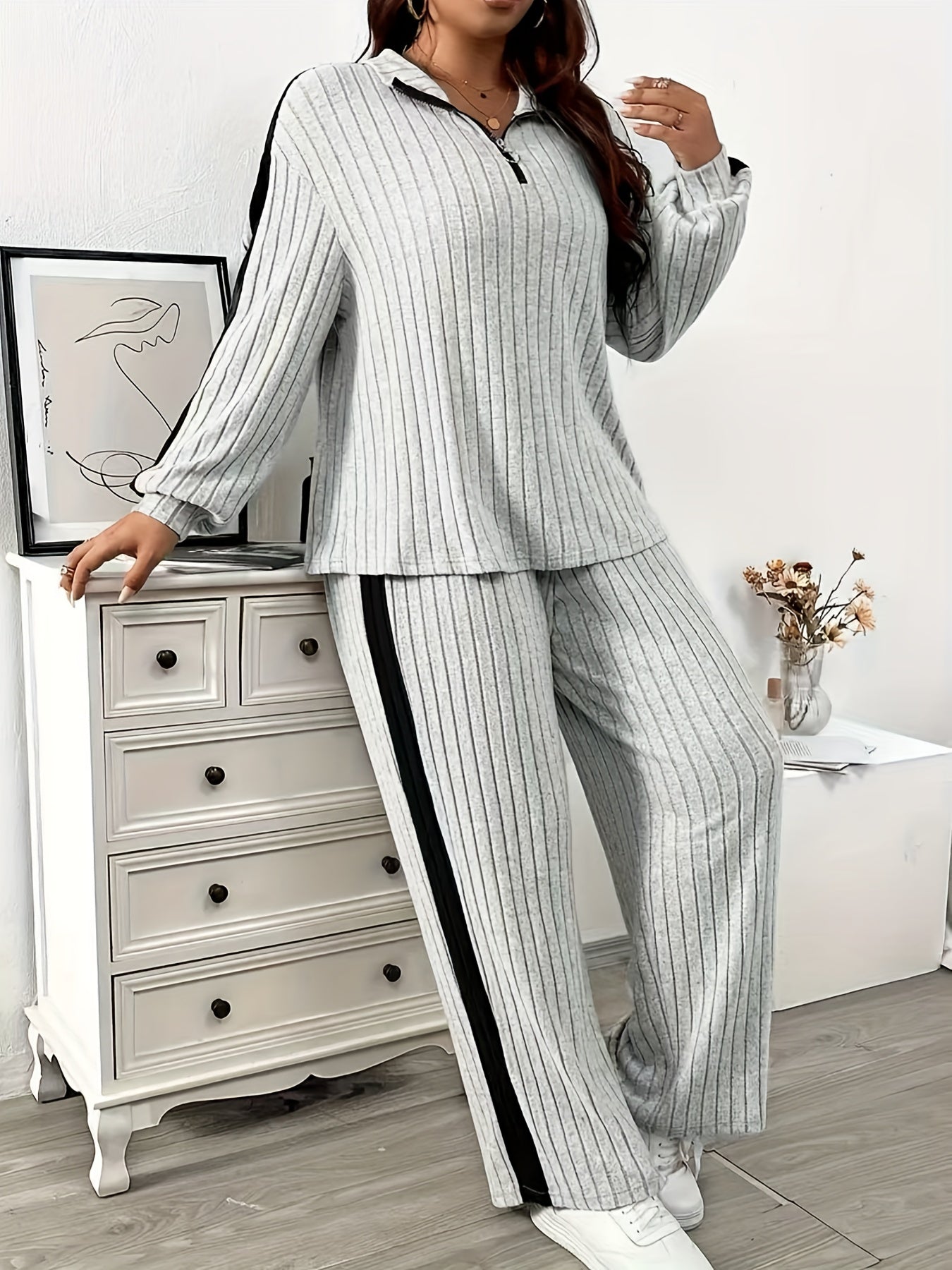 Ribbed women’s lounge set, two-piece sweater with zipper and wide-leg pants