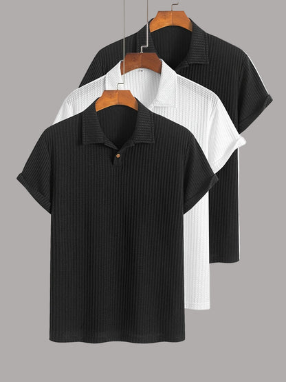 Men's Short-Sleeve Polo Shirt Set – Modern Waffle Pattern, Classic Casual Style, 3-Pack
