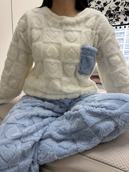 Kuscheliger Schlafanzug für Damen, zweiteilig, weich, mit Herzmuster, Plüsch