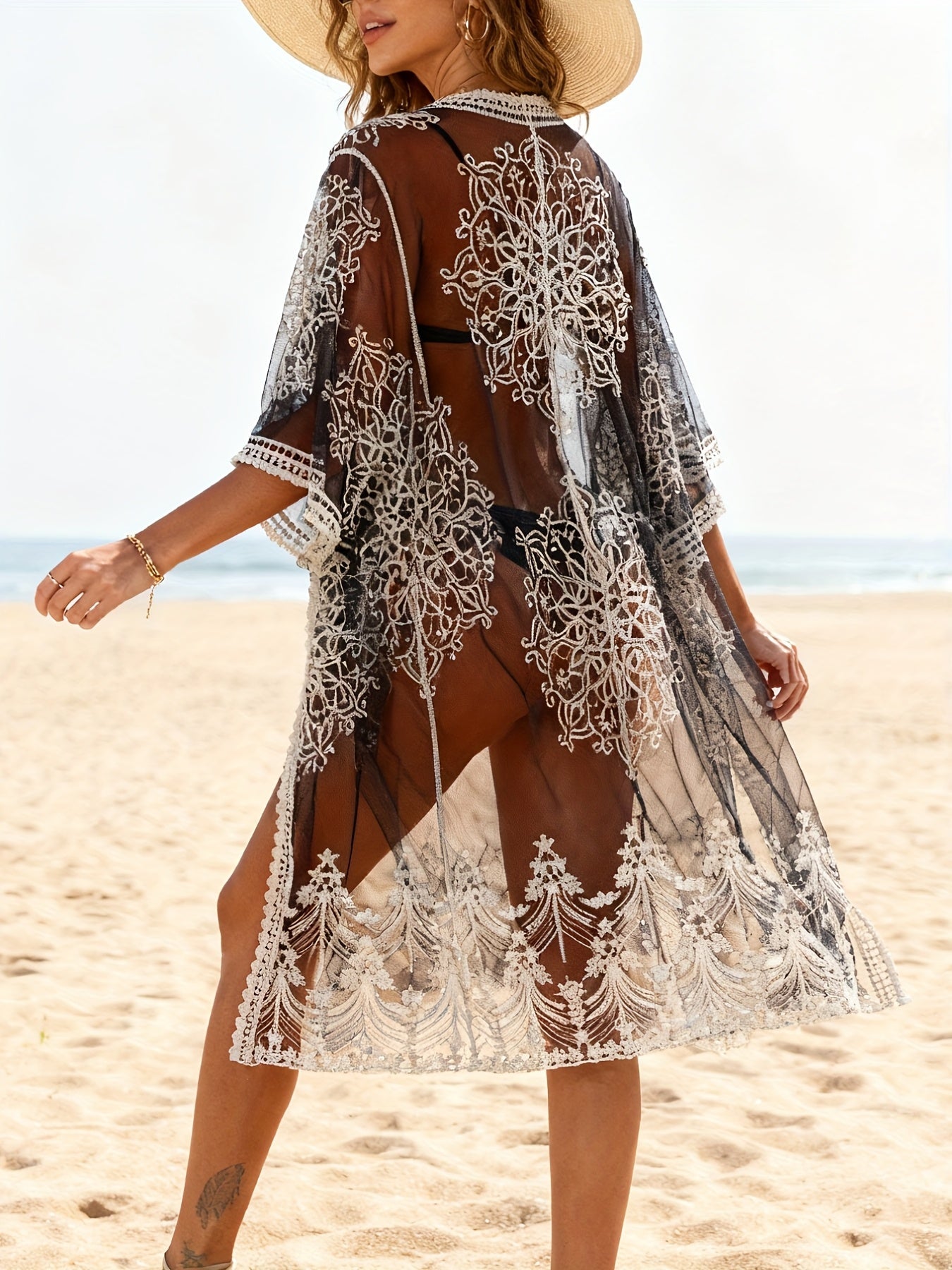 Women's Beach Kimono Embroidered – Boho Swim Cover-Up for Vacation and Summer