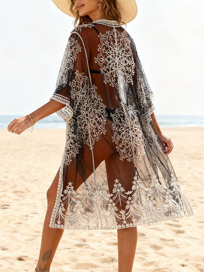 Women's Beach Kimono Embroidered – Boho Swim Cover-Up for Vacation and Summer