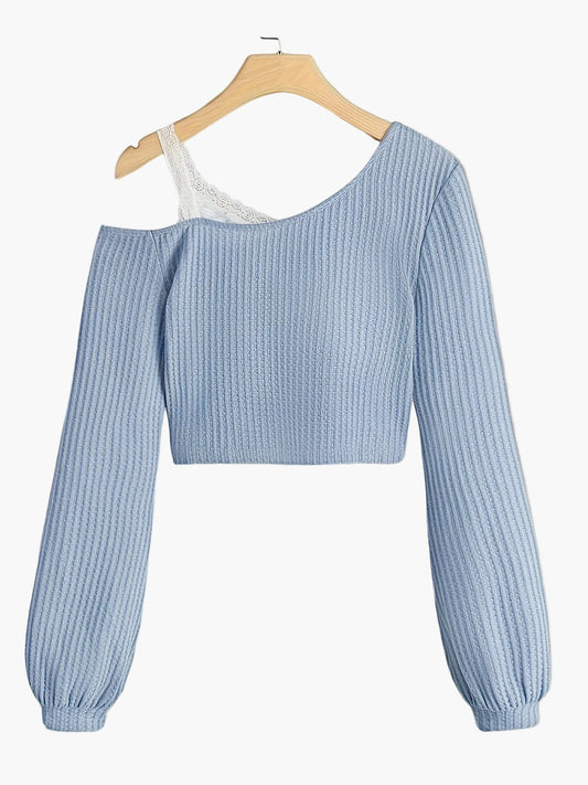 Women's One-Shoulder Sweater with Lace Detail – Fashionable Knit Pullover for Everyday and Leisure Wear
