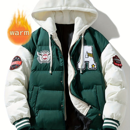 Unisex Winter Jacke im College-Stil mit abnehmbarer Kapuze, Kontrastärmeln & Patches