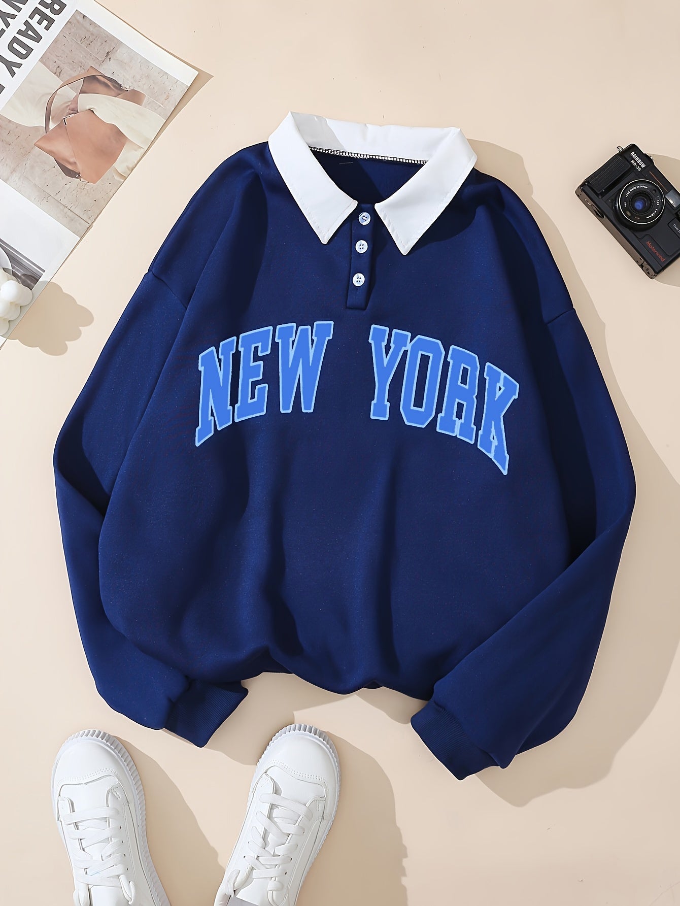 Unisex Langarm Sweatshirt Polo-Kragen "NEW YORK" Marineblau