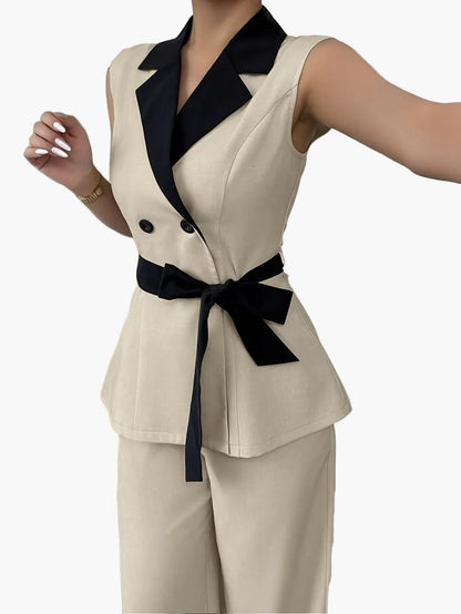 Women's Business Suit Set with Sleeveless Blazer and Wide Leg – Elegant Style for Office & Everyday Wear