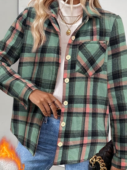 Women's green plaid shirt jacket with warm lining