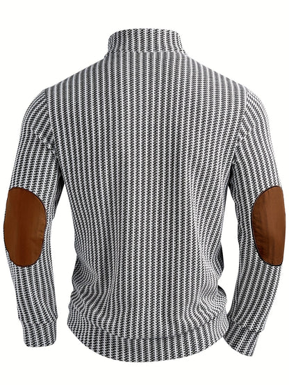 Men's turtleneck sweater with half-button closure and elbow patches, White Black