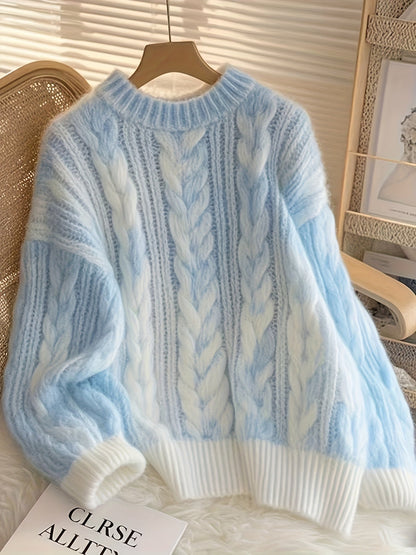 Damen Grobstrick Pullover Hellblau Weiß Zopfmuster Rundhals Weich