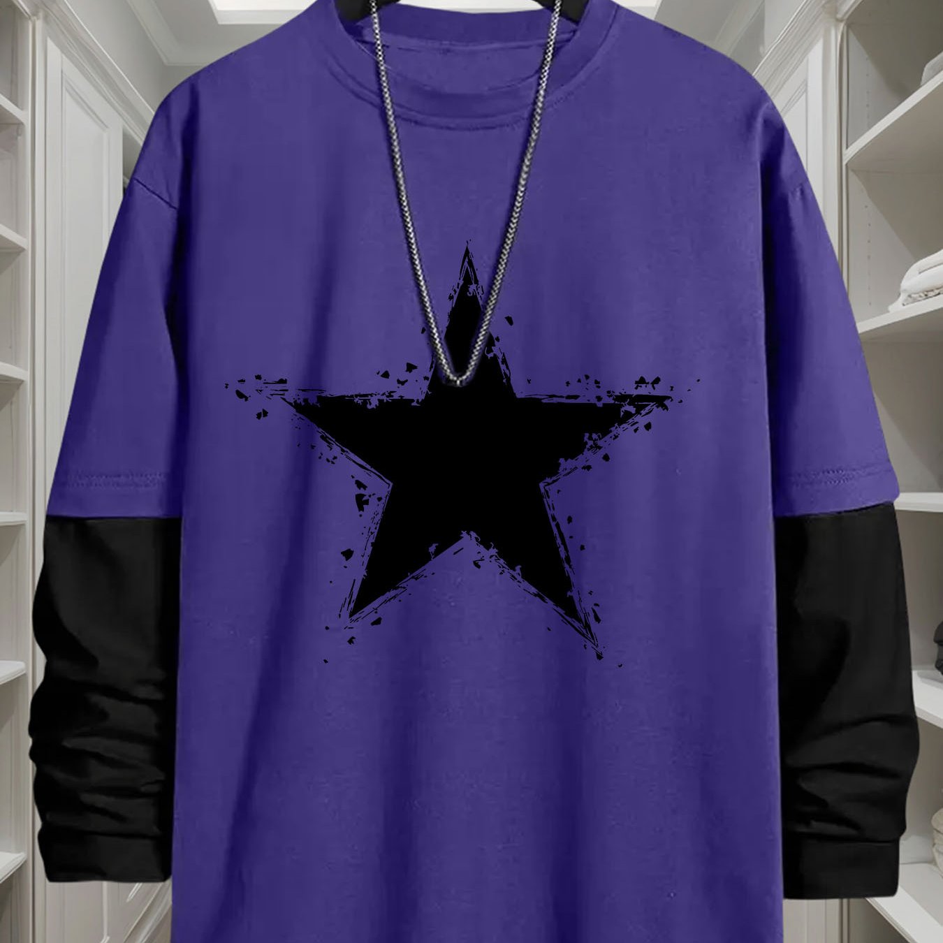 Men’s long-sleeve T-shirt with star print and contrast sleeves