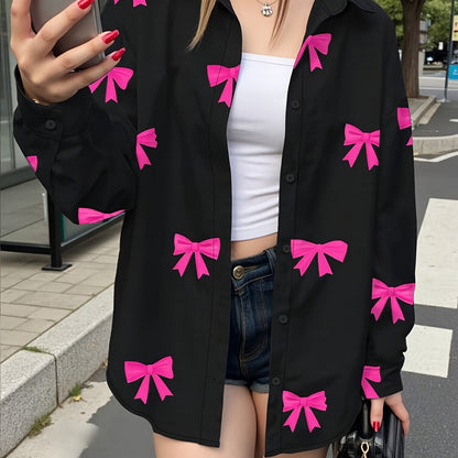 Damen Bluse Schwarz mit Pinken Schleifen-Muster Hemdbluse Locker Geschnitten