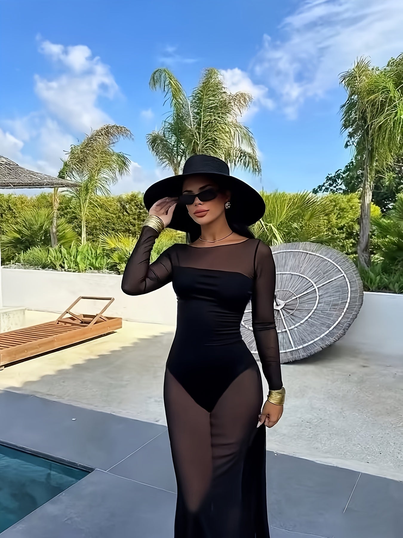 Women's Maxi Dress Beach Cover-Up Elegant Sheer Fitted Vacation Pool Party