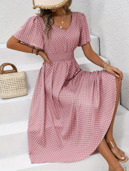Women's Summer Polka Dot Maxi Dress with Short Sleeves and V-Neck – Casual & Vacation