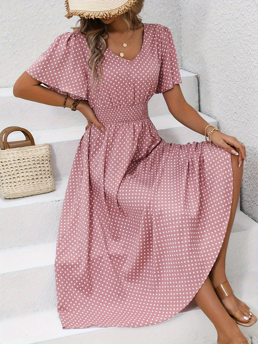 Women's Summer Polka Dot Maxi Dress with Short Sleeves and V-Neck – Casual & Vacation