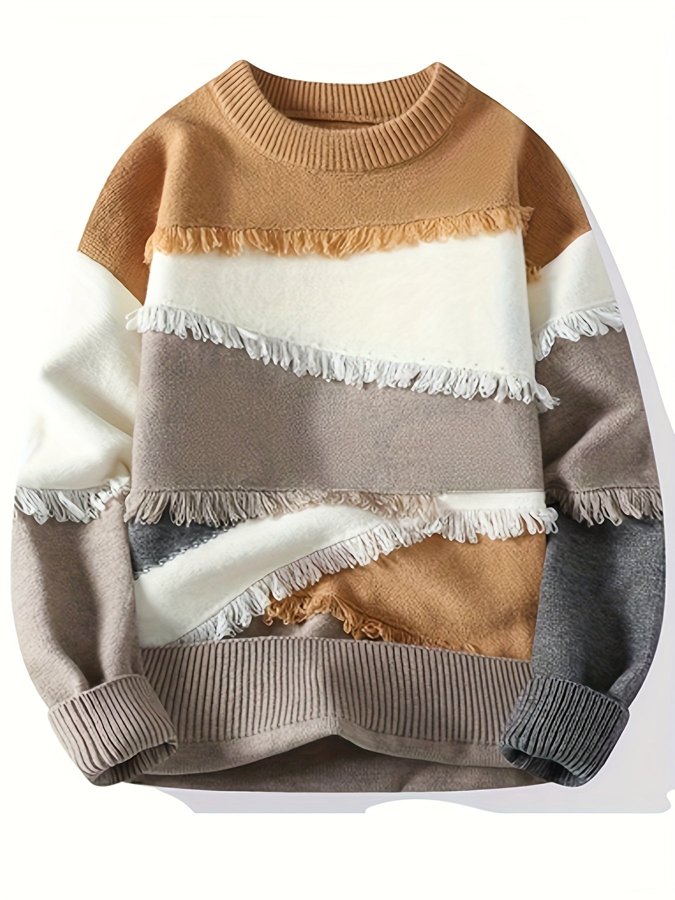 Unisex long-sleeve pullover with color-block design, fringe, and crew neck
