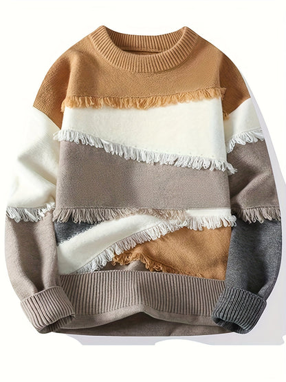Unisex long-sleeve pullover with color-block design, fringe, and crew neck