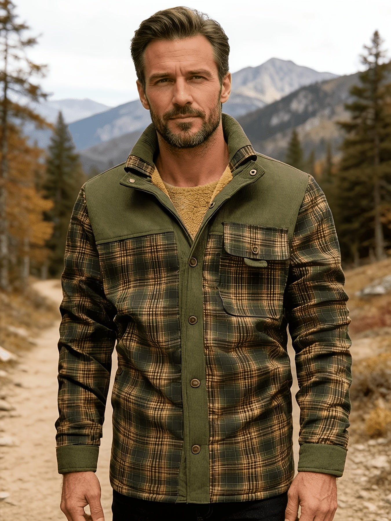 Men’s winter jacket, stand-up collar, checkered, fleece lining, green