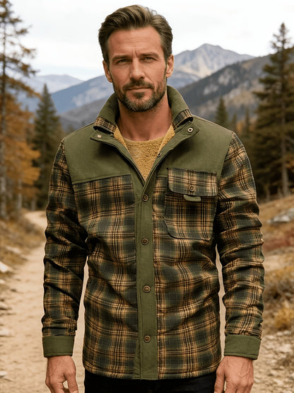 Men’s winter jacket, stand-up collar, checkered, fleece lining, green