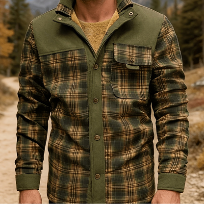 Men’s winter jacket, stand-up collar, checkered, fleece lining, green