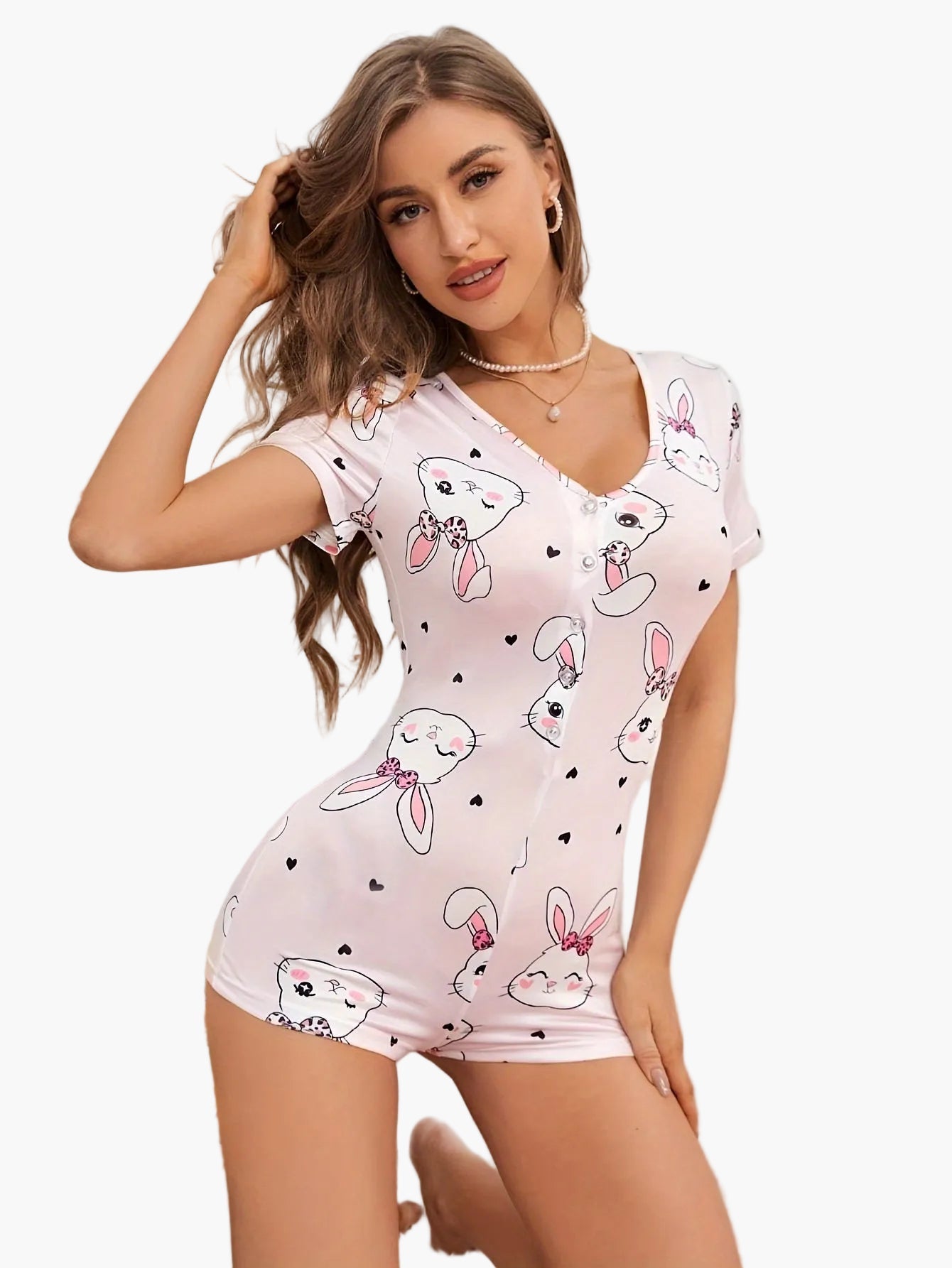 Women's Short-Sleeve Pajama Jumpsuit with Bunny Print and Button Placket – Cute One-Piece for Spring and Summer