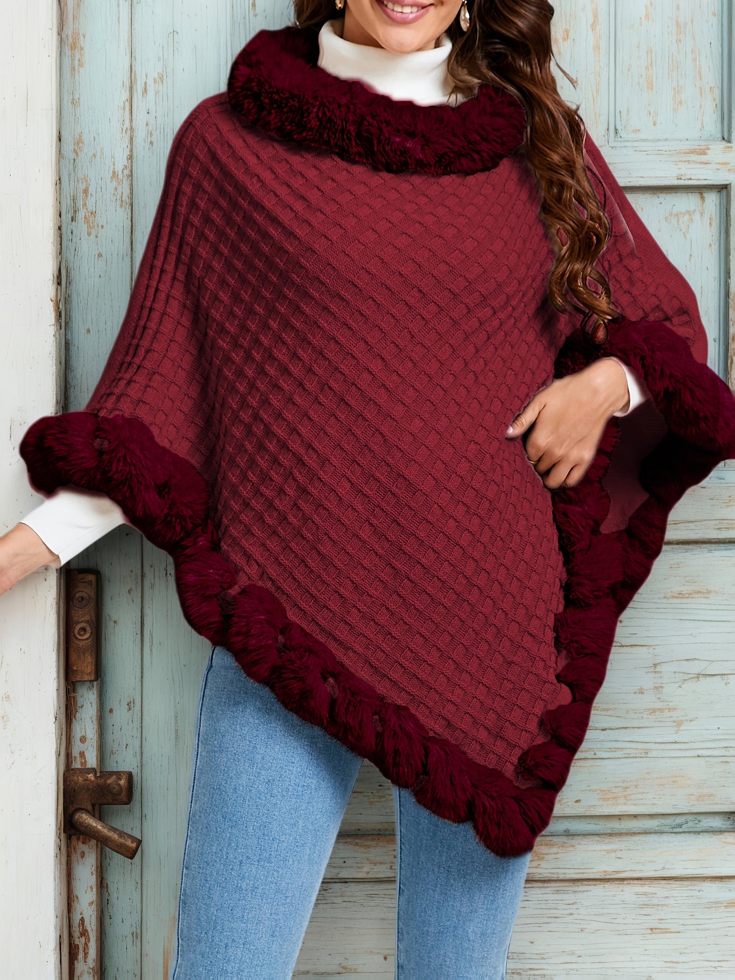 Damen Poncho gestrickt mit Kunstfellbesatz Wickelponcho