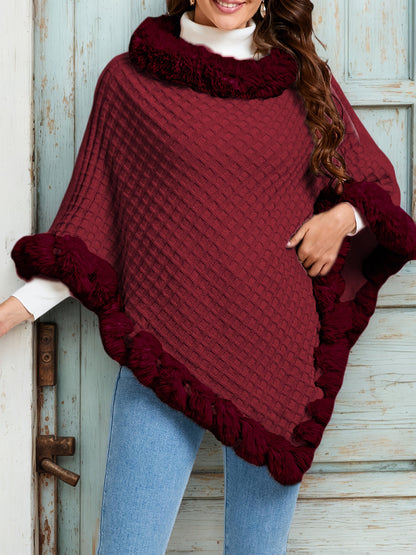 Damen Poncho gestrickt mit Kunstfellbesatz Wickelponcho