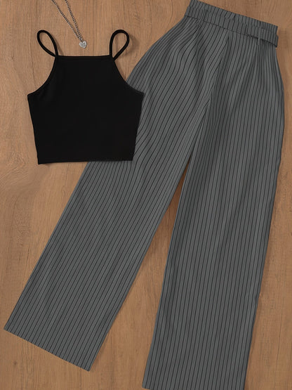 Women's Elegant Pinstripe Set – Sleeveless Top and Wide-Leg Pants with Belt, Perfect for Office and Leisure
