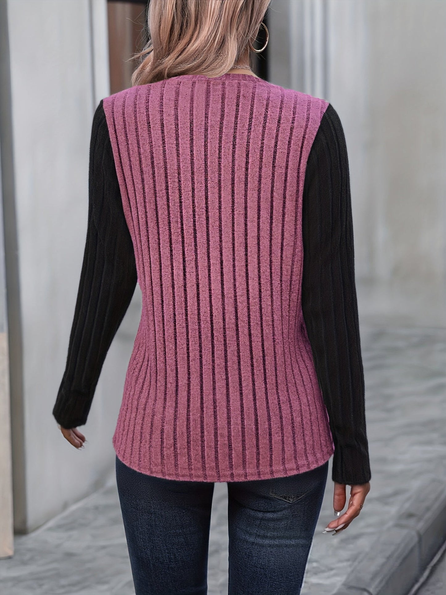 Damen Langarmshirt Gerippt mit Knopfleiste Kontrastärmel Schwarz